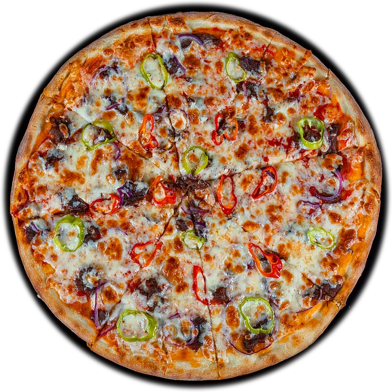Pizza with peppers, red onion and melted mozzarella